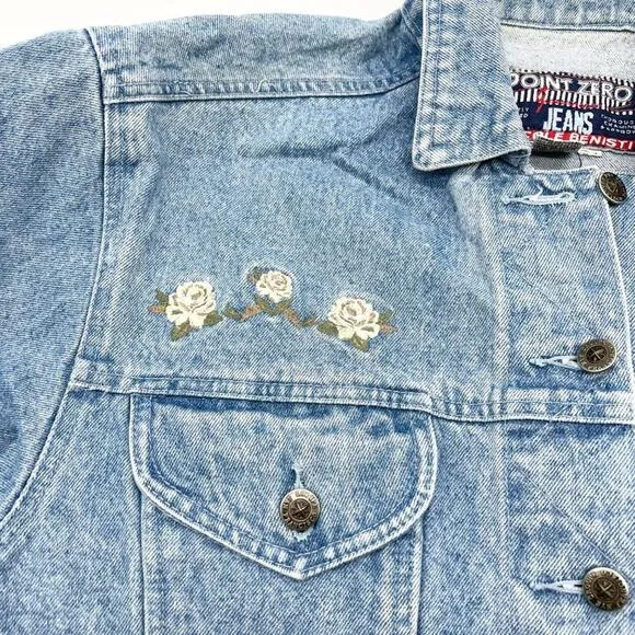 VTG Point Zero Womens XL Jeans Denim Jacket Embroidered Floral Trucker Boho