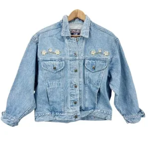 VTG Point Zero Womens XL Jeans Denim Jacket Embroidered Floral Trucker Boho