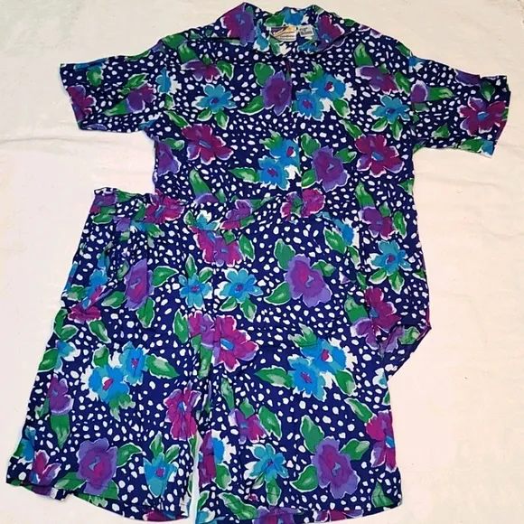 VTG short set granny core, shorts &amp; top, two piece set elastic waist 90's