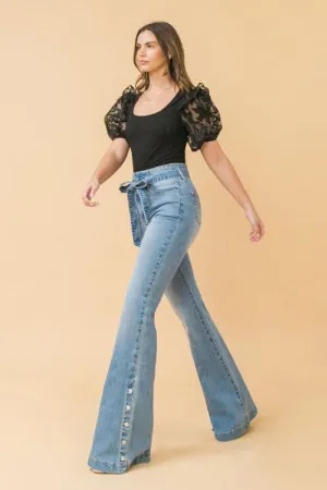 washed denim pant with snap detail