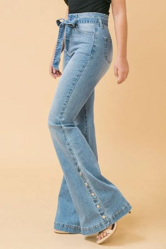 washed denim pant with snap detail