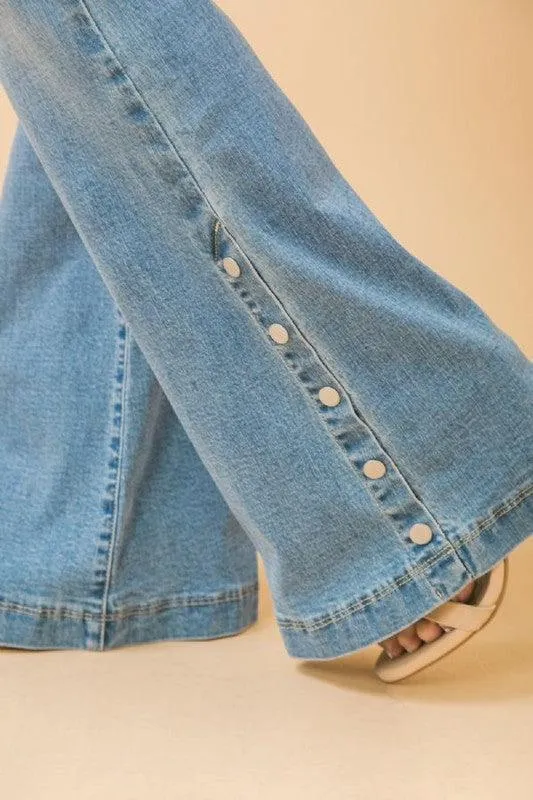 washed denim pant with snap detail