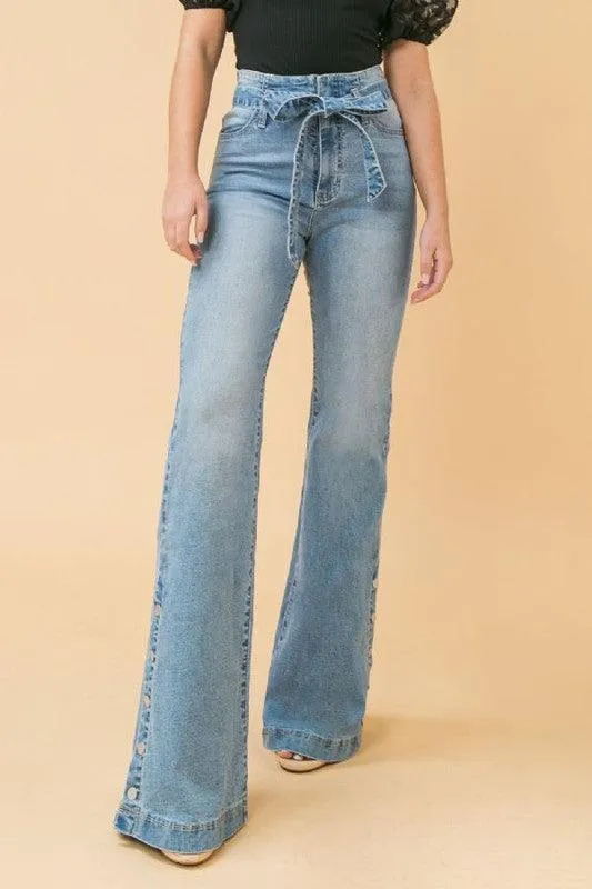 washed denim pant with snap detail