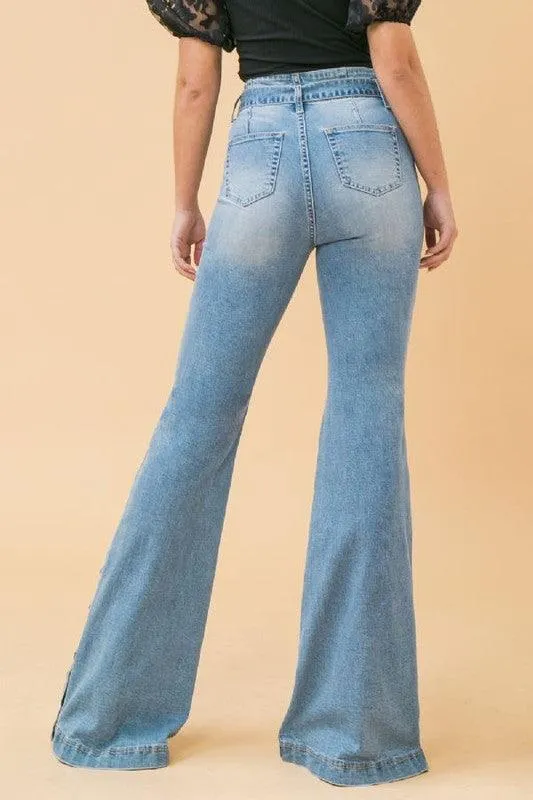 washed denim pant with snap detail
