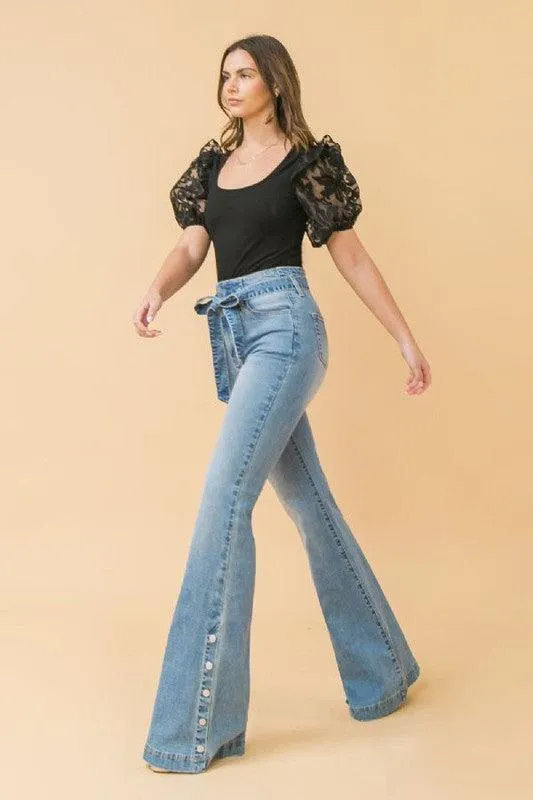 washed denim pant with snap detail