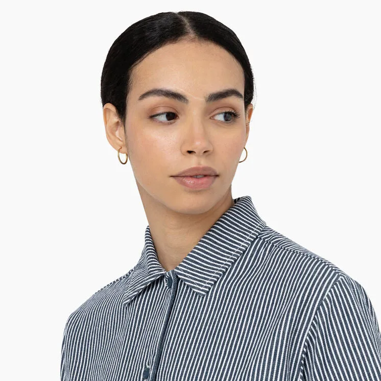 Women's Dickies Hickory Stripe Cropped Work Shirt FSR32 - Airforce Blue / Ecru