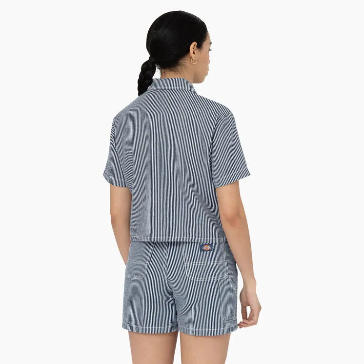 Women's Dickies Hickory Stripe Cropped Work Shirt FSR32 - Airforce Blue / Ecru