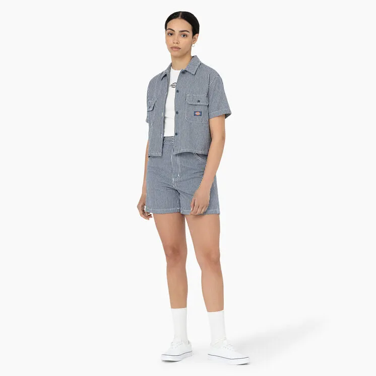Women's Dickies Hickory Stripe Cropped Work Shirt FSR32 - Airforce Blue / Ecru