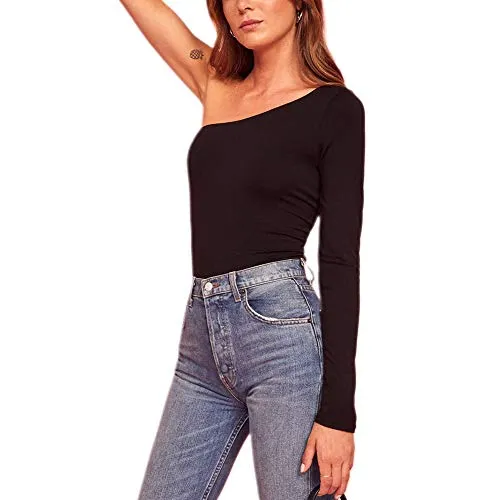 Women's One Shoulder Long Sleeve Crop Top (Black)