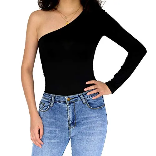 Women's One Shoulder Long Sleeve Crop Top (Black)