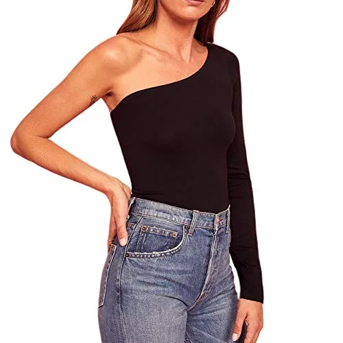 Women's One Shoulder Long Sleeve Crop Top (Black)