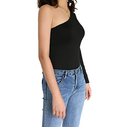 Women's One Shoulder Long Sleeve Crop Top (Black)