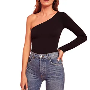 Women's One Shoulder Long Sleeve Crop Top (Black)
