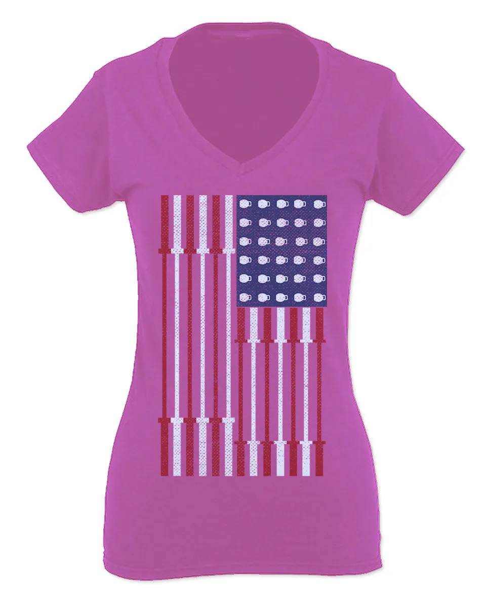 Workout Fitness Bars America American Flags Gym Tough For Women V neck fitted T Shirt
