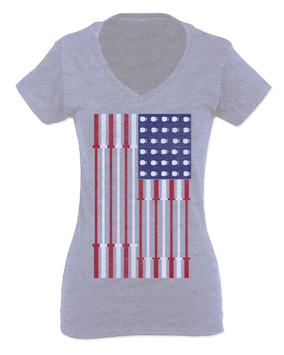 Workout Fitness Bars America American Flags Gym Tough For Women V neck fitted T Shirt