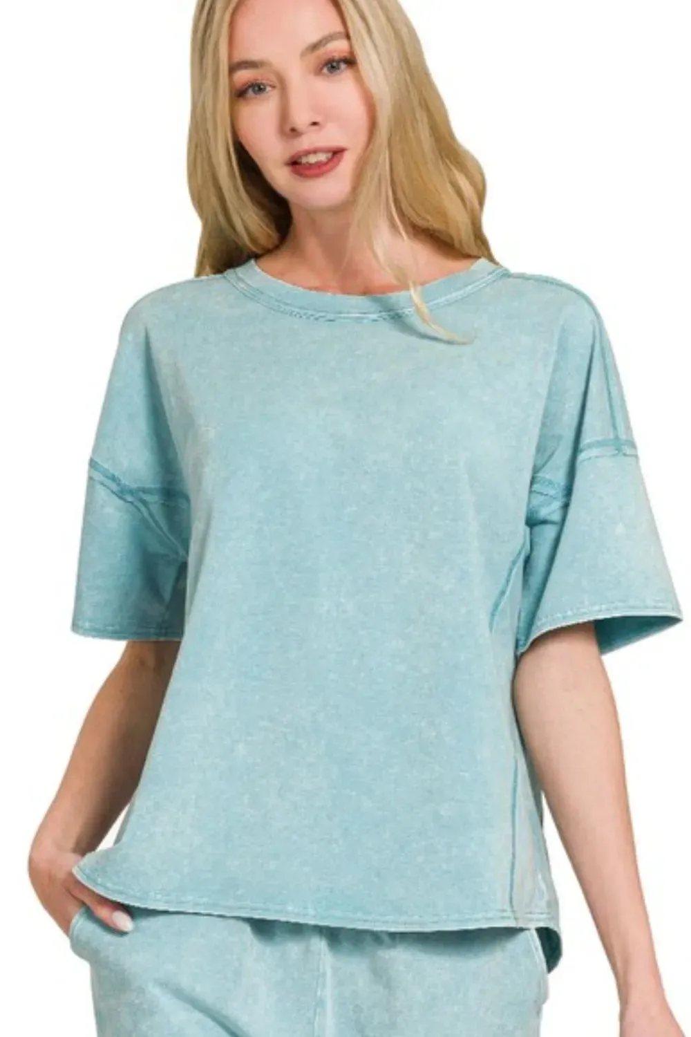 Zenana Acid Washed Short Sleeve Tee & Shorts Set