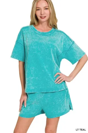 Zenana Acid Washed Short Sleeve Tee & Shorts Set