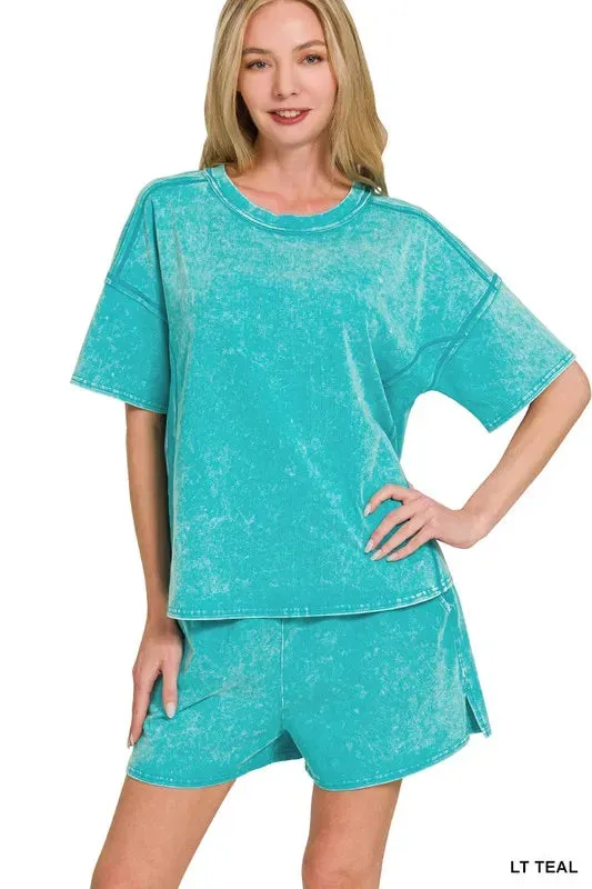 Zenana Acid Washed Short Sleeve Tee & Shorts Set