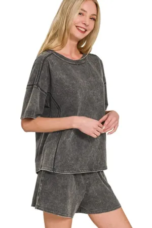 Zenana Acid Washed Short Sleeve Tee & Shorts Set