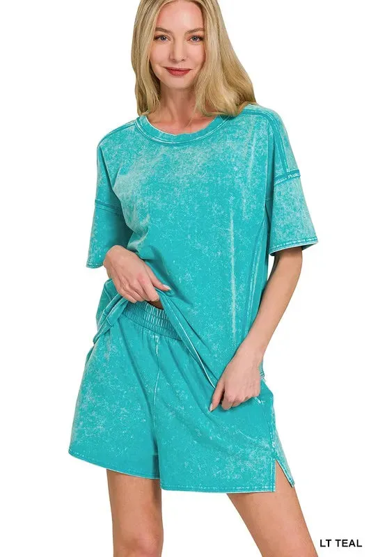 Zenana Acid Washed Short Sleeve Tee & Shorts Set