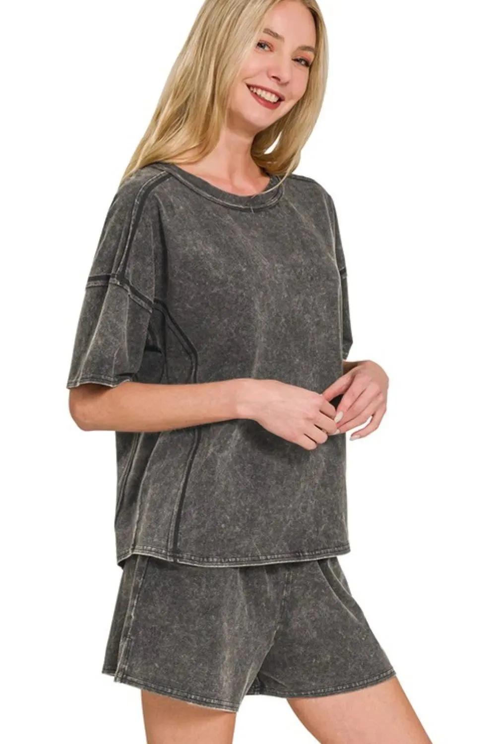 Zenana Acid Washed Short Sleeve Tee & Shorts Set